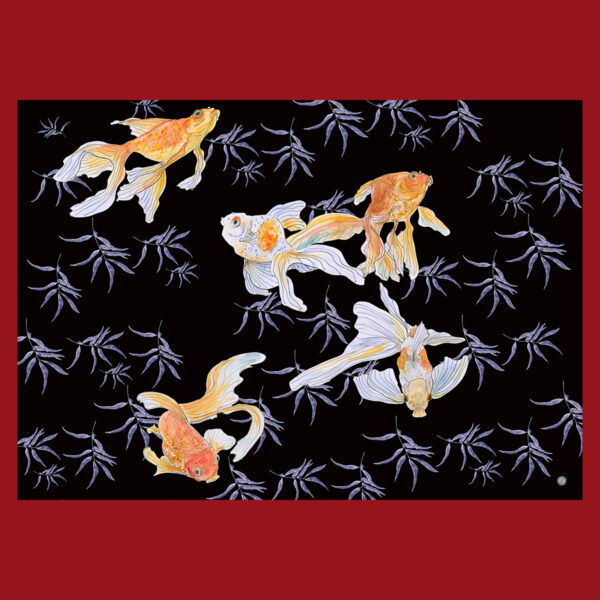 Five goldfish on a black background in the style of chinoiserie