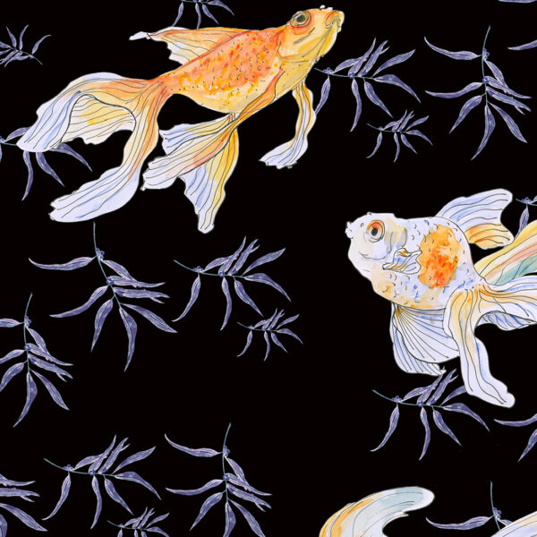 Five goldfish on a black background in the style of chinoiserie