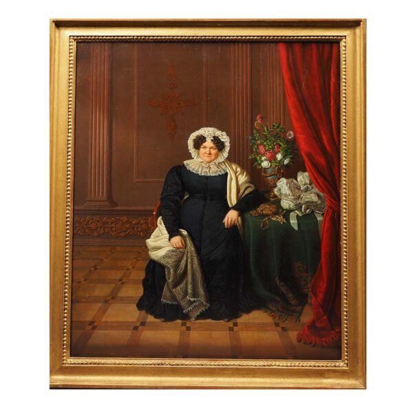 Zwei Gemälde von dem Maler Constantin Schroeter. Ein Damen- und ein Herrenportrait in prachtvollen Innenräumen.